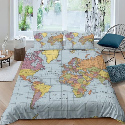 Housse de couette ado carte du monde vintage cadeau idéal 1 place