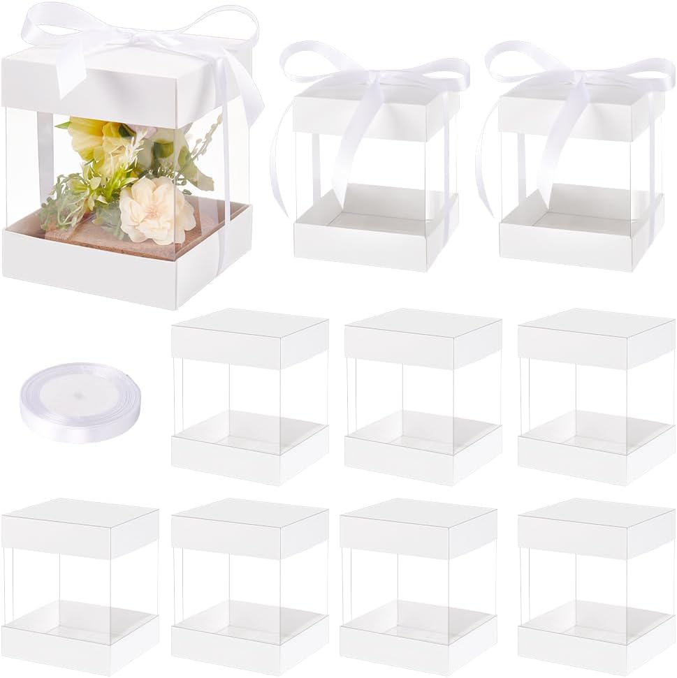 BENECREAT 10 Pcs Clear Plastic Gift Box with White Paper Lid, Rectangle Gift Packaging Boxes with Polyester Ribbon for Birthdays, Weddings and Christmas, 3.5x3.5x4.3 Inch