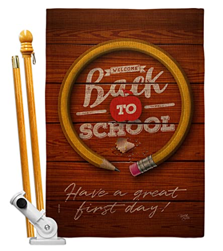 Breeze Decor First Day of School Burlap House Flag Set Education Back to Bus Supplies Teacher Students Class Decoration Banner Small Garden Yard Gift Double-Sided, Made in USA