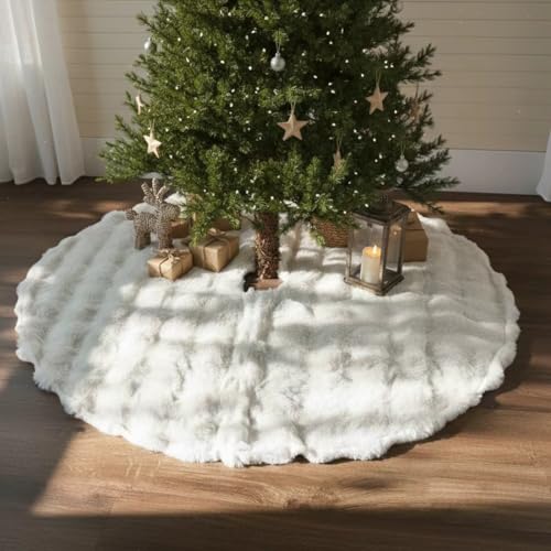Christmas Tree Skirt 48 Inch, Rustic Faux Fur Tree Skirt with Plush Fur for Christmas Decorations, Soft Plain Farmhouse Xmas Tree Cover Mat Fluffy for Holiday Decoration, Ivory White by PICTTY - Image 7