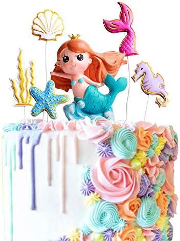 1 Set Mermaid Cake Toppers Mermaid Starfish Seaweed Seahorse Shell Mermaid Tail Cake Topper for DIY Cake Decoration Birthday Party Accessories