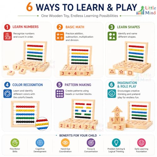 Image of LITTLEMIND Wooden Abacus Math Learning Toy for Kids 3+ Years | Counting Beads & Number Blocks | Montessori Educational Toy for Addition, Subtraction & Early Learning | STEM Preschool Toy