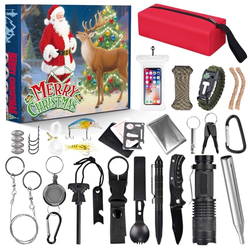 Advent Calendar 2025 Survival Kit Advent Calendar for Adults, 24 Day Christmas Countdown with Outdoor Tools, Emergency Gear and Gift Box for Men, for Adventure Lovers