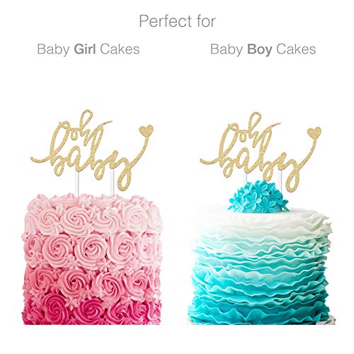 Baby Shower Cake Topper -"Oh Baby" - 6.5" X 4" Double Sided Gold Glitter Cardstock Topper For Baby Showers And Gender Reveal Parties For Boys And Girls - Food-Safe & Eco-Friendly Stand #TOP1