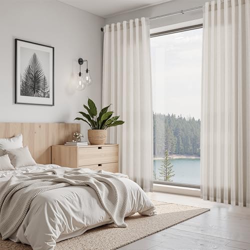 Image of Linen Curtains 63 Inch Long for Living Room Back Tab Pearl White