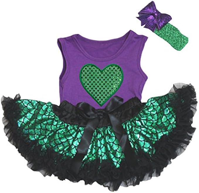 Petitebella Heart Purple Shirt Green Fish Scale Mermaid Baby Skirt 3-12m