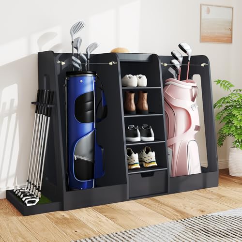 Zevemomo Wooden Golf Bag Storage Organizer for Garage 2 Golf Bags Holder Rack with Drawer & 4 Middle Cubbies for Storing Golfing Accessories Black Golf Club Stand Suitable for Garage Simulator Room