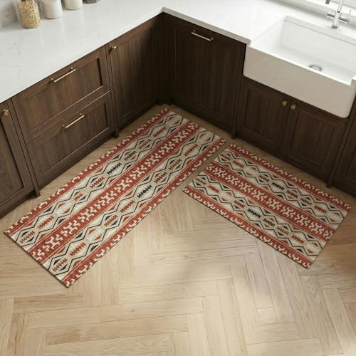Image of Yellow Weaves- Non-Slip Kitchen Floor Mats, Water Absorbent, Rugs,Standing Rubber Mats for Kitchen, Office, Sink and Laundry Room, Geometric Burnt Orange (Pack of 2)