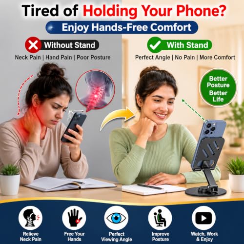 Image of Metal Mobile Phone Stand for Desk | Adjustable 360 Degree Rotating Foldable Holder for iPhone Android Smartphones | Anti Slip Stand for Video Calls Office Work