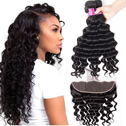 Star Show Brazilian Hair Loose Deep Wave Bundles with Frontal Closure Ear to Ear 100% Unprocessed Loose Curly Human Hair Extensions 20 22 24 with 18 Inch Frontal