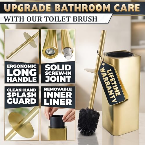 Image of Gold Toilet Brush and Holder Set - Instantly Elevate Your Bathroom Style - Stainless Steel Toilet Bowl Brush and Holder with 2 Rounded Corners, Replaceable Head, Removable Inner Bowl & Splash Guard
