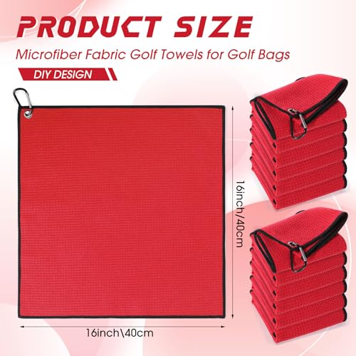 Batiyeer 12 Pcs Golf Towel Bulk for Golf Bags 16'' x 16'' Microfiber Fabric Towel with Clip Waffle Pattern, Fitness, Camping, Hiking, Yoga (Red,16 x 16 Inches)