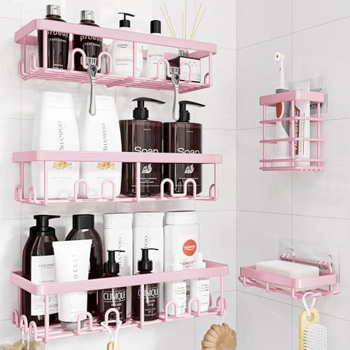 Image of YASONIC Shower Caddy Adhesive, 100% Rustproof Shower Organizer with Soap and Toothbrush Holder, Large Capacity Shower Shelves for Inside Shower, No Drill Shower Storage for Home (5 Pack Pink)