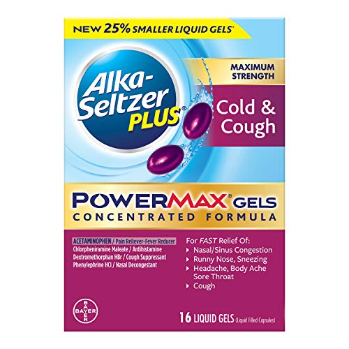Alka Seltzer Plus Maximum Strength PowerMax Cold and Cough Medicine,Liquid Gels for adults with Pain Reliever, Fever Reducer, Cough Suppressant and Nasal Decongestant, 16 count