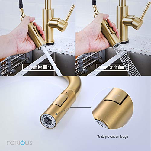 Forious Gold Kitchen Faucet With Pull Down Sprayer, Kitchen Faucet Sink Faucet With Pull Out Sprayer, Single Hole And 3 Hole Deck Mount, Single Handle Copper Kitchen Faucets, Champagne Bronze #TOP3