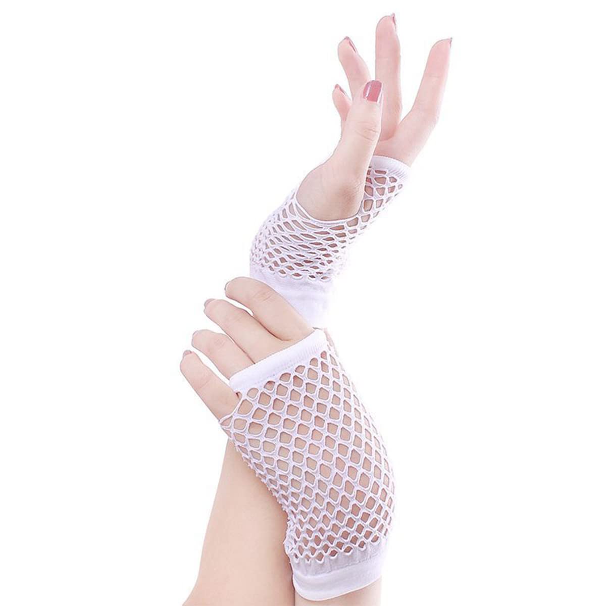 Samheng Women's White Short Fishnet Gloves - 1 Pair Pierced Nylon Fingerless Mesh For Funky Retro Elegant Stretchy Opera Evening Party 1920S - 80S Dance Disco Costume Parties Supplies