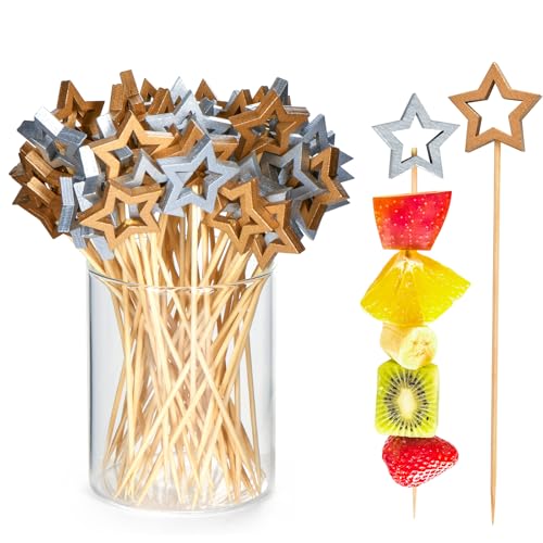 JtmyAota 100 Pack Star Toothpicks for Appetizers, 5.5 Inch Natural Bamboo Cocktail Picks for Cake Dessert Food Fruit Christmas Party Decorations (Two-Color)