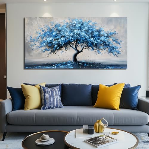 KELIYUAN Canvas Wall Art For Living Room Framed Wall Decorations For Bedroom Office Wall Decor Abstract Painting Blue Tree Pictures Artwork Ready To Hang Guesthouse Room Mural Home Decor 20x40 In
