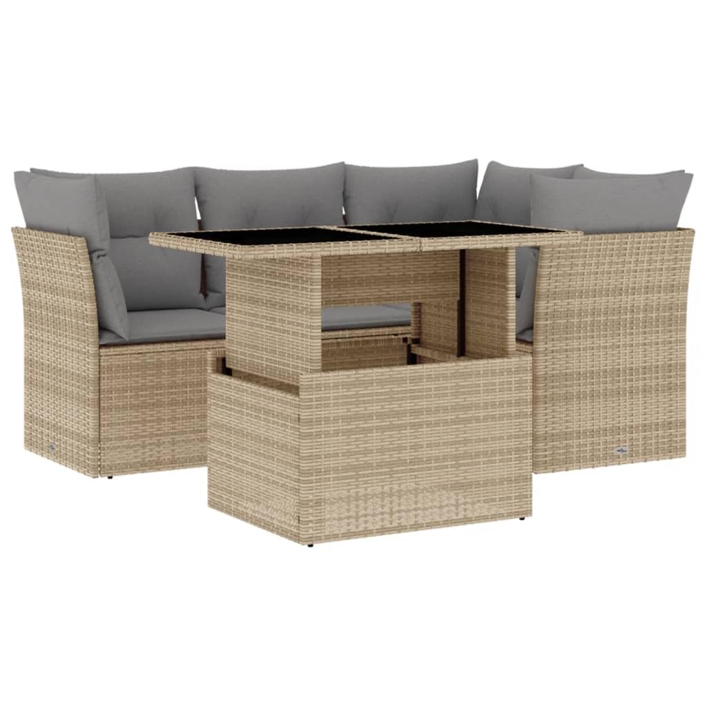 Set Divano da Giardino 5 pz con Cuscini Beige in Polyrattan,Set di Conversazione per Patio,Set Salotto da Esterno,Set Divano da Giardino Esterno-3266559
