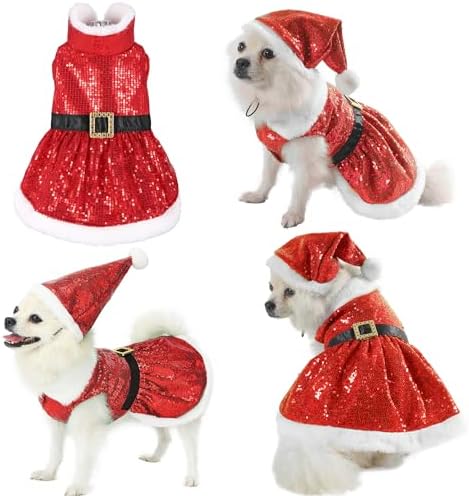 Yoption Christmas Mrs. Claus Sequin Dog Dress and Hat Set, Christmas Party Dog Cat Costumes, Funny Puppy Xmas Party Cosplay Outfits (Red, L)