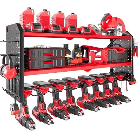 KAFAHOM Power Tool Organizer, Large 8 Drill Holder Wall Mount with 2 Side Pegboards, Heavy Duty Metal Tool Shelf with 12 Hooks, Storage Rack for Garage Organization, Utility Battery Shelves - Red Cover