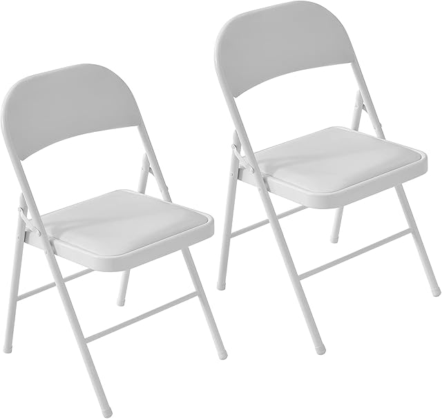 LeChamp 2pcs PU Folding Chair Indoor Metal Frame Foldable Desk Chair Camping Chair Space Saving Office Chair for Guest Visitor & Conference Temporary Seat (White)