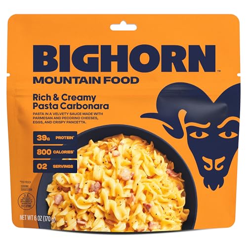 BIGHORN Mountain Food Rich & Creamy Pasta Carbonara – premium freeze dried meals for backpacking food – dehydrated camping food for backpacking meals – 2 servings