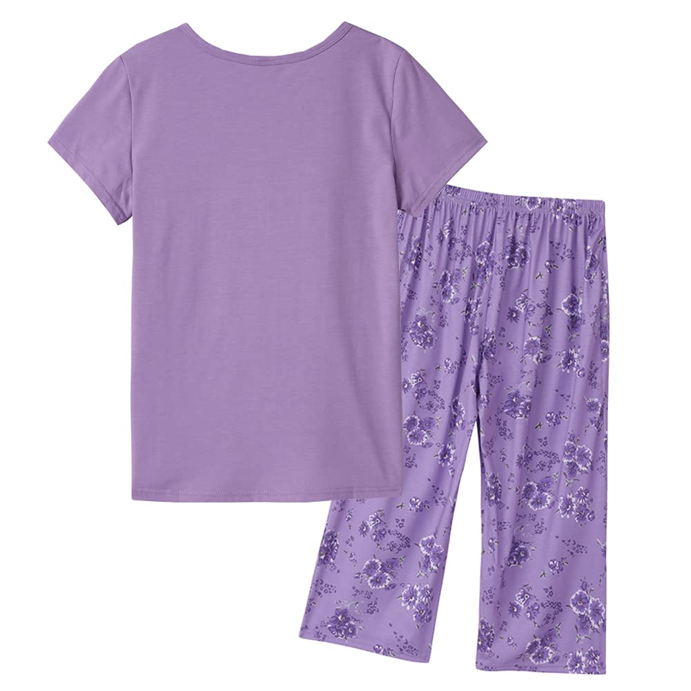 MyFav Pyjama à Manches Courtes pour Femme Imprimé Vin Confort Pyjamas 2 Pièces Pantalon Mi-Long Vêtements de Nuit