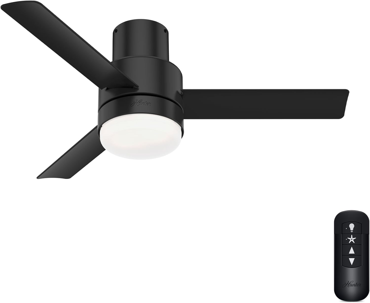Hunter 44 inch Outdoor or Indoor Ceiling Fan with LED Light and Remote Control - Low Profile Mount Ceiling Fan, 3 Blades, For Patio, Porch, Garage, or Living Room, Quiet - Gilmour 51333, Matte Black