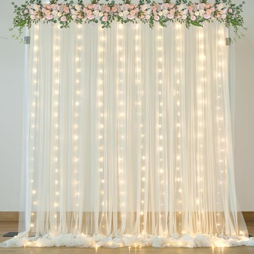 Ivory Sheer Backdrop Curtains with Lights String for Parites Wedding