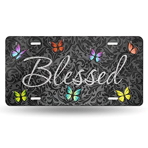 License Plate Blessed Glitter Butterflies Decorative Car Front,Metal Plate,License Plates,Vanity Tag,Aluminum Noverlty License Plate for Men/Women Car 6×12 Inch