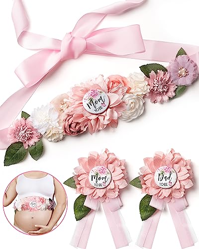 BumpPetal Flower Sash Set - Baby Shower Mom to Be Daddy to Be Corsage Pin - Flower Belt for Maternity Dress - Pregnancy Photo Props Supplies (Barbie Pink)