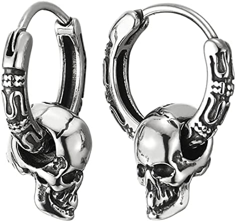 Mens Womens Stainless Steel Vintage Circle Huggie Hinged Hoop Earrings Dangle with Skulls, 2pcs