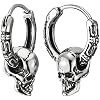 Mens Womens Stainless Steel Vintage Circle Huggie Hinged Hoop Earrings Dangle with Skulls, 2pcs