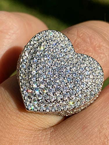 Solid 925 Sterling Silver - Heart Shaped - Large Hip Hop Iced Ring - Fully Flooded Out Man Made Diamonds - Sizes 7-13 (8) #TOP1