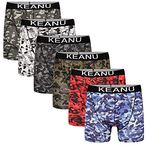 Image of Keanu Mens Camouflage Print Boxer Trunks - 6 Pack - Jacquard Waistband - Polycotton - S M L XL 2XL