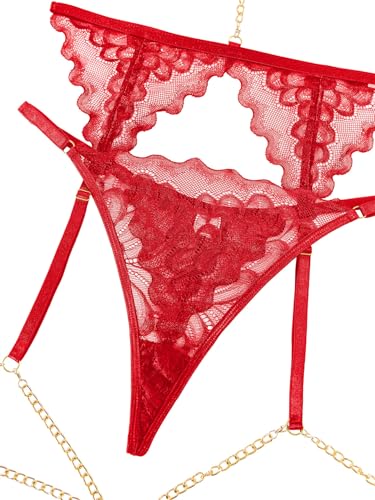 Image of Lilosy Sexy Choker Floral Lace Scallop Sheer Underwire Push Up Garter Belt Lingerie Set 3 Piece