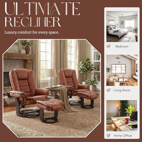 Image of Argus Swivel Recliner with Ottoman, PU Leather & Wood Base Reclining Chair with Footrest, Ultra-Plush Double Foam for Living Room, Bedroom and Office, Set of 2