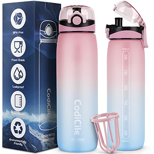 CodiCile Wasserflasche 1L Tritan, Trinkflasche 1l BPA frei, Spülmaschinensichere Sport Trinkflasche, Auslaufsichere Flasche mit Zeitmarkierung und Filter für Laufen, Fitness, Schule, im Freien