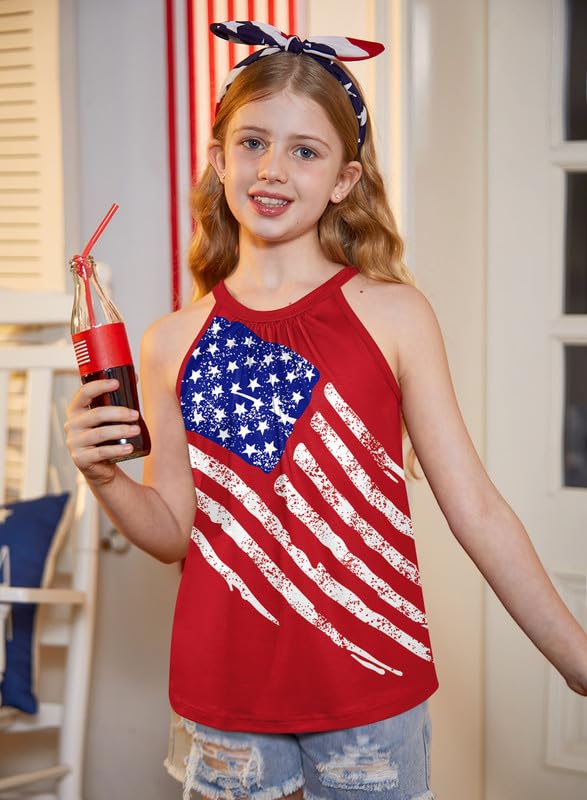 Image of BesserBay Girls Summer Back Button Halter Neck Tank Top Cold Shoulder Casual Blouse Pleated Sleeveless Shirts 5-14 Years