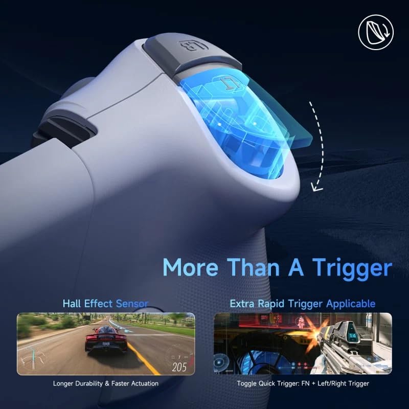Image illustrating the Hall Effect Sensor in the triggers and the 'Extra Rapid Trigger Applicable' feature, with examples from racing and shooting games.