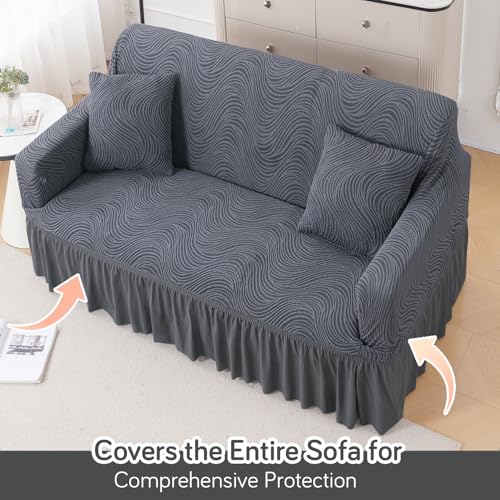 Image of HOKIPO 2 Seater Sofa Cover with Frill - 240 GSM Premium Jacquard Stretchable Fully Covered Slipcover, 'Serene Wave Series' Pewter Grey (AR-6353-GRY)