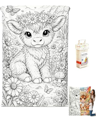 Highland Cow Themed DIY Coloring Blanket with 24 Color Markers Included, Color-Fillable Flannel Blanket, Soft Cozy Bedroom Decor Blankets Birthday Gifts (30x40inch)