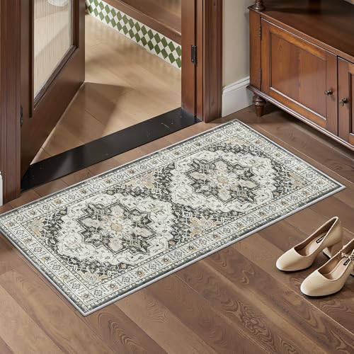 Madane Washable Area Rug 2x4, Small Entryway Rug Non-Slip Vintage Door Mat Indoor Entrance, Low Pile Floor Carpet Runner for Inside Front Door Kitchen Entry Laundry, Black