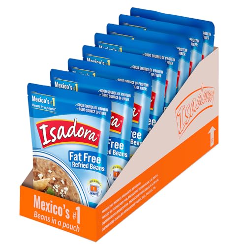 Isadora Low Fat Refried Beans Pouch, Mexican Food Ready-to-Eat 15oz (8-Pk)