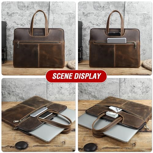 Image of Top Grain Leather Text Customizable 15.4 inch Slim Laptop Briefcase Handbag, Vintage Handmade, Compatible with MacBook Pro /Air 13.3 inch /14.2 inch /15.4 inch /16 inch & other Laptop /Tablet, Coffee 15.4 Inch