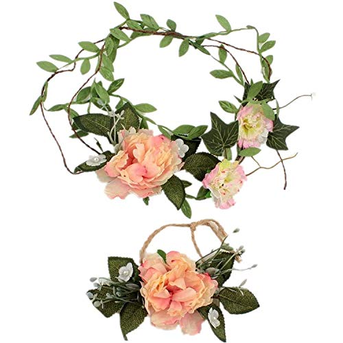 Hand-made Romantic Ribbon Flower Hair Band Women gilr Wedding Holiday Party Hadband Crown Garland Handwrist Set - Photo Shoots Must-have Accessories - Green and Pink