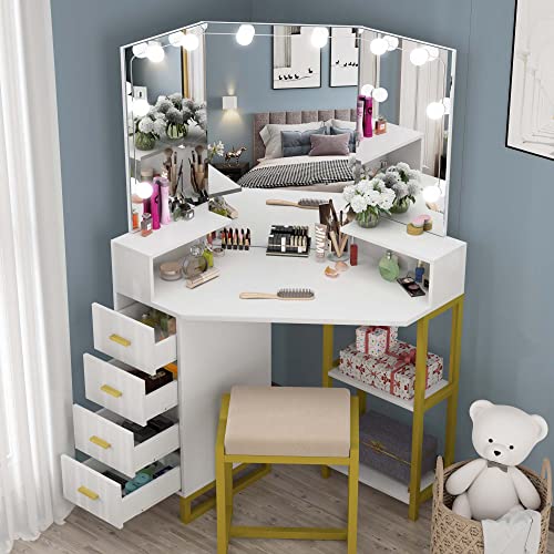 Pakasept Corner Vanity Set With Three-Fold Mirror & Light Bulbs, Makeup Desk With 4 Storage Drawers For Women, Desk Vanity Set For Small Spaces, Bedroom #TOP2