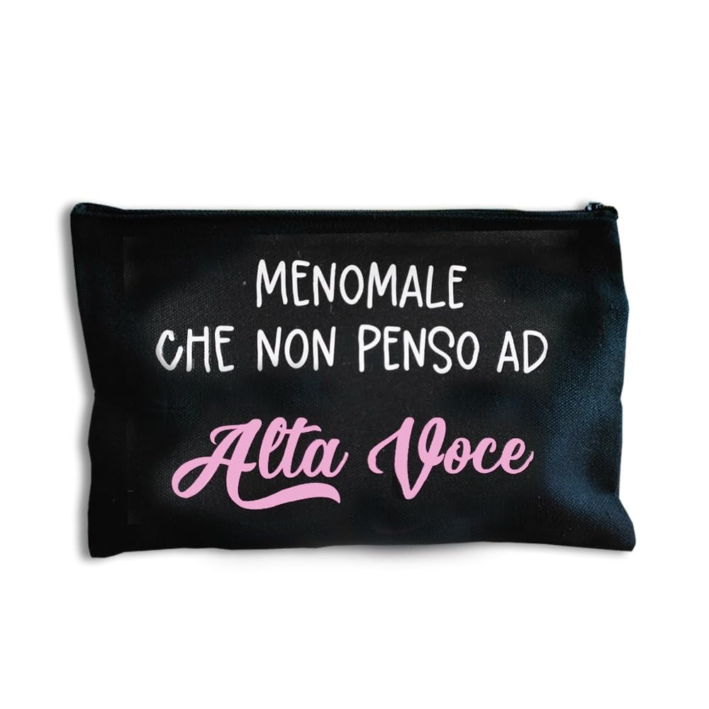 Pochette con scritta Menomale che non penso ad alta voce, astuccio con frase divertente