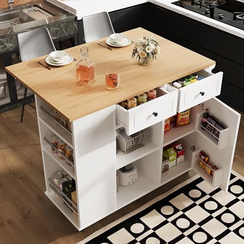 Merax Isla de cocina con encimera plegable, carrito de cocina con ruedas, armario de cocina con 1 puerta, 2 cajones con estante para especias, porta aperitivos y estante para copas de vino, 120 x 42